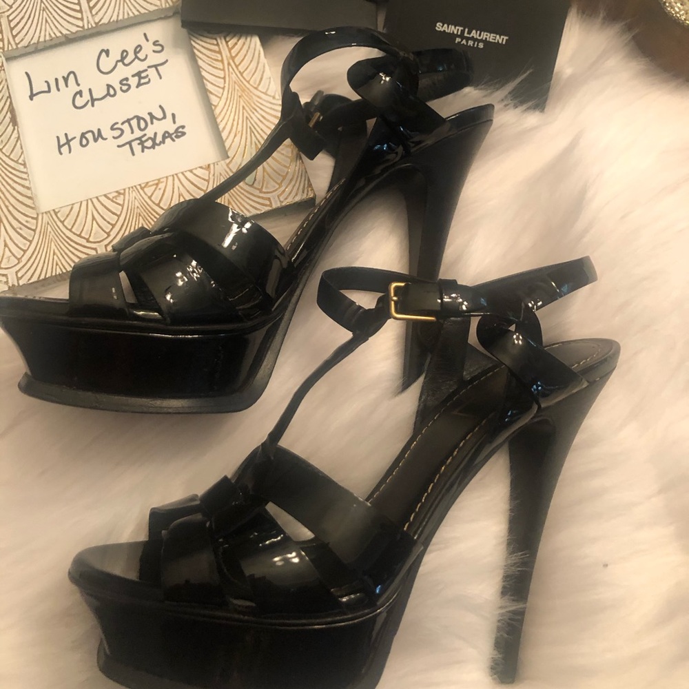 YSL Tribute heel sandal-Black patent 37 or 6.5